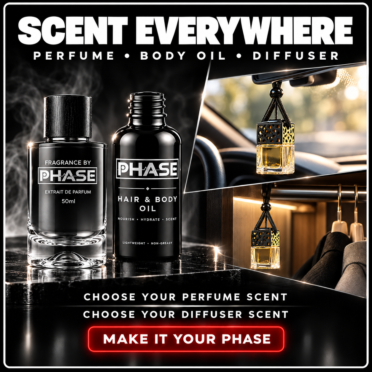Scent Everywhere perfume and body oil bundle with separate diffuser scent choices for the car or wardrobe