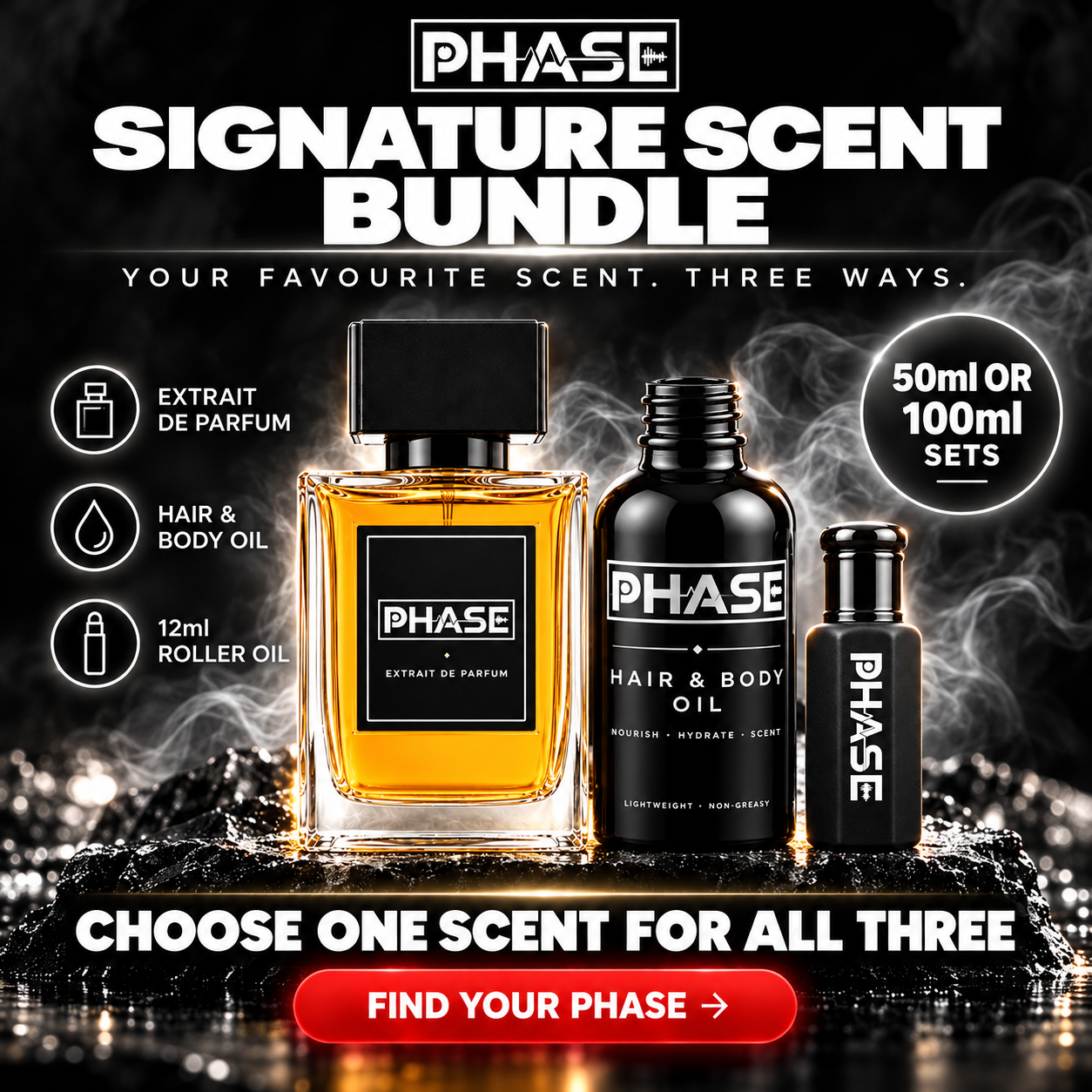 Signature Scent perfume and oil gift bundle by Phase Fragrances, choose one fragrance across three formats