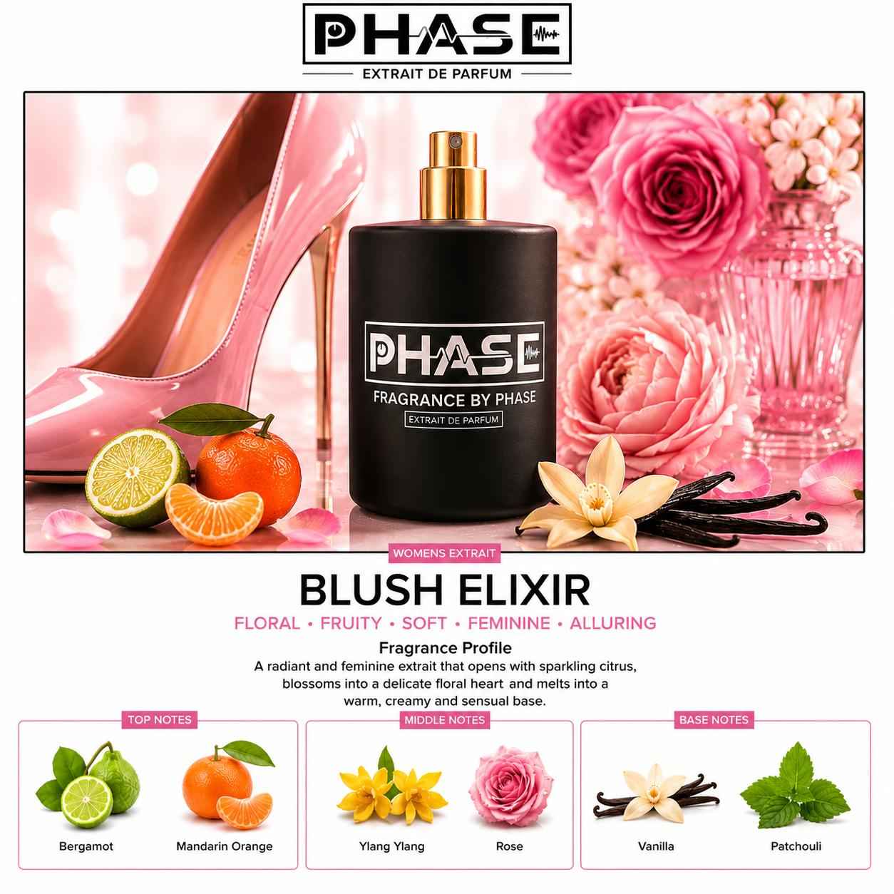 BLUSH Elixir Perfume By Phase Fragrances  Extrait De Parfum for Women - 24+ Hour Long-Lasting, 30-40% Oil Floral Woody Citrus Patchouli Womens Scent Profile
