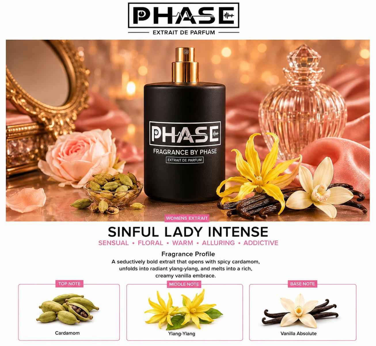 Sinful Lady INTENSE By Phase Fragrances  Extrait De Parfum for Women - 24+ Hour Long-Lasting, 30-40% Oil Vanilla Floral Sweet Warm Spicy Womens Scent Profile