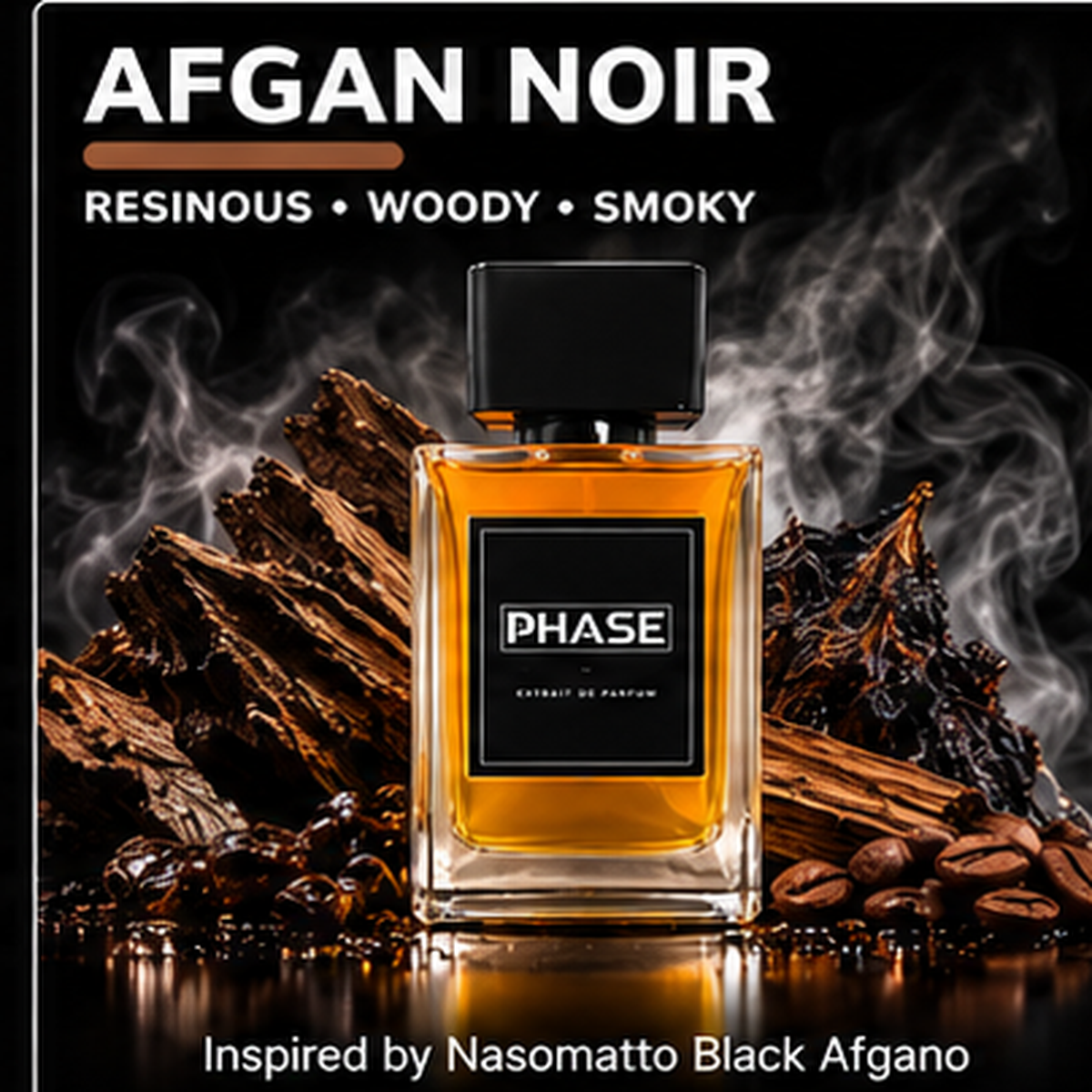 Afgan Noir resinous, woody and smoky unisex Extrait de Parfum by Phase Fragrances