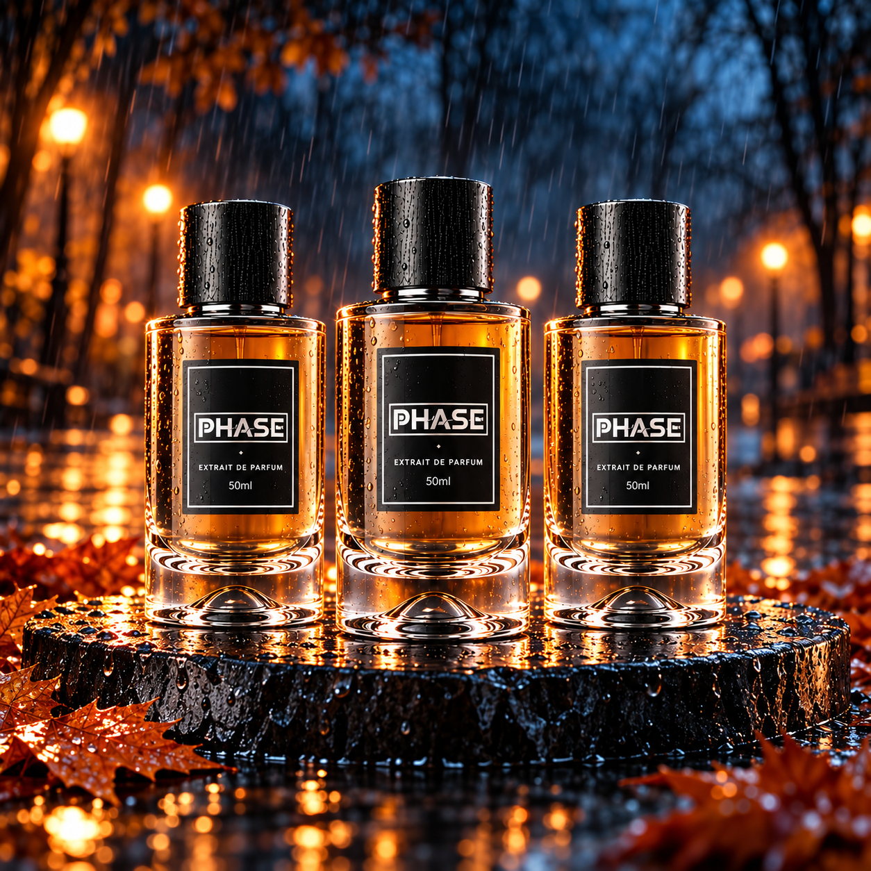 Three Phase 50ml extrait perfumes on wet slate with amber autumn lighting and rainy blue evening