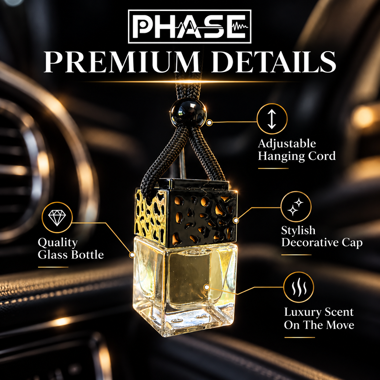 Phase car diffuser premium glass bottle and adjustable cord