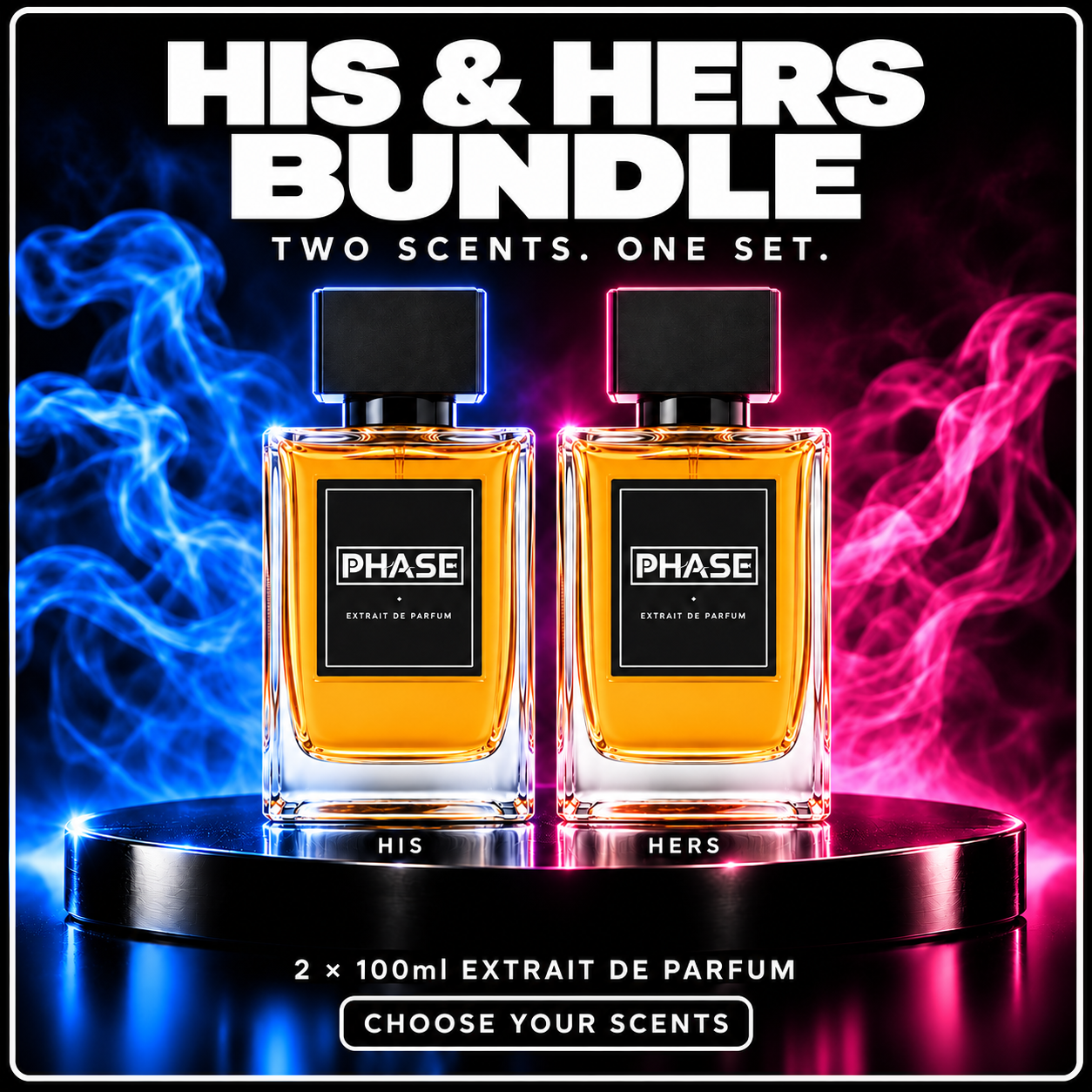 Phase His & Hers bundle with two 100ml Extrait bottles, blue His and pink Hers lighting