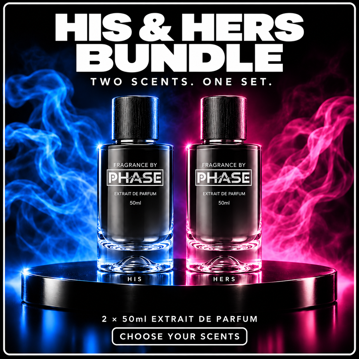 Phase His & Hers bundle with two 50ml Extrait bottles, blue His and pink Hers lighting