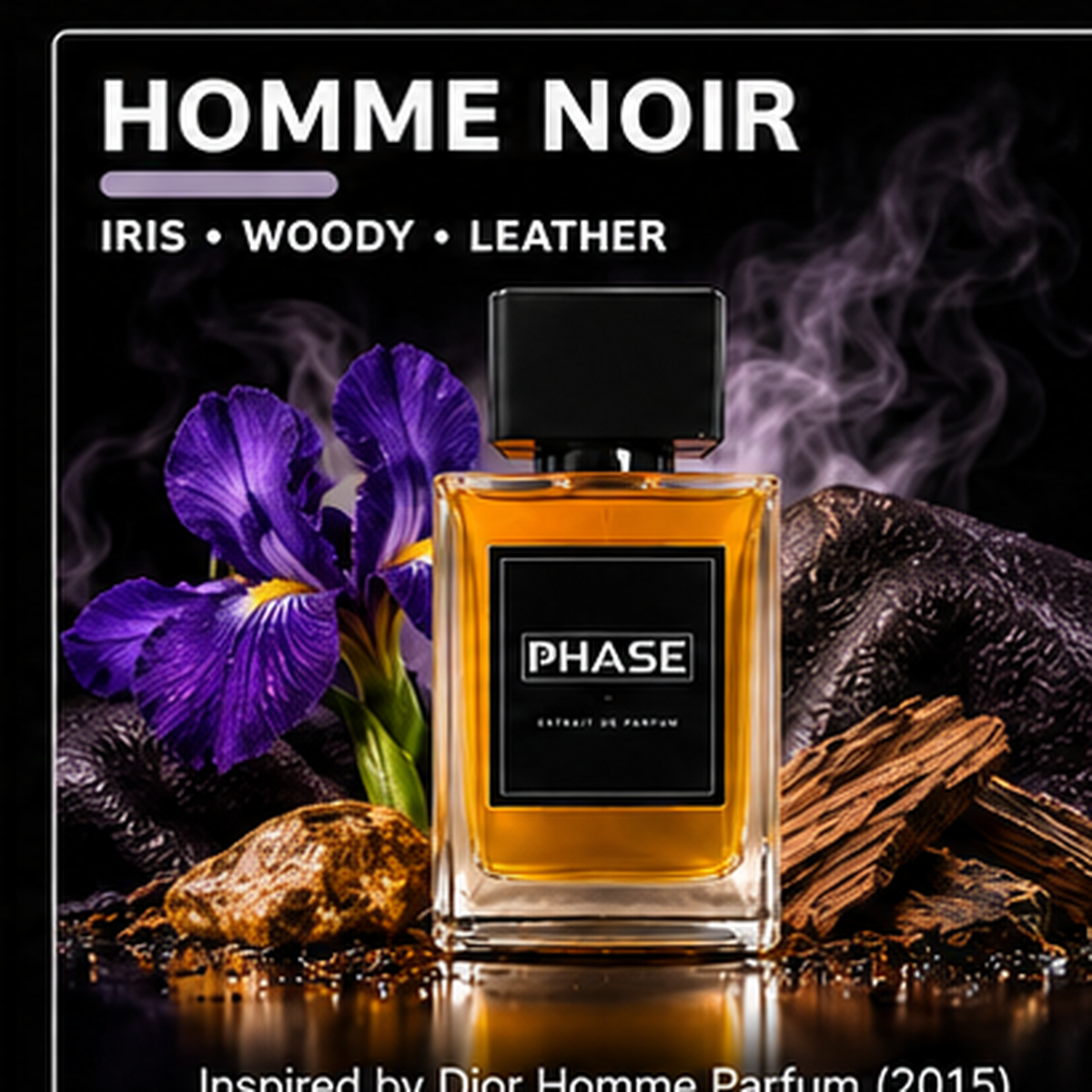 Homme Noir iris, leather and woody men's Extrait de Parfum by Phase Fragrances