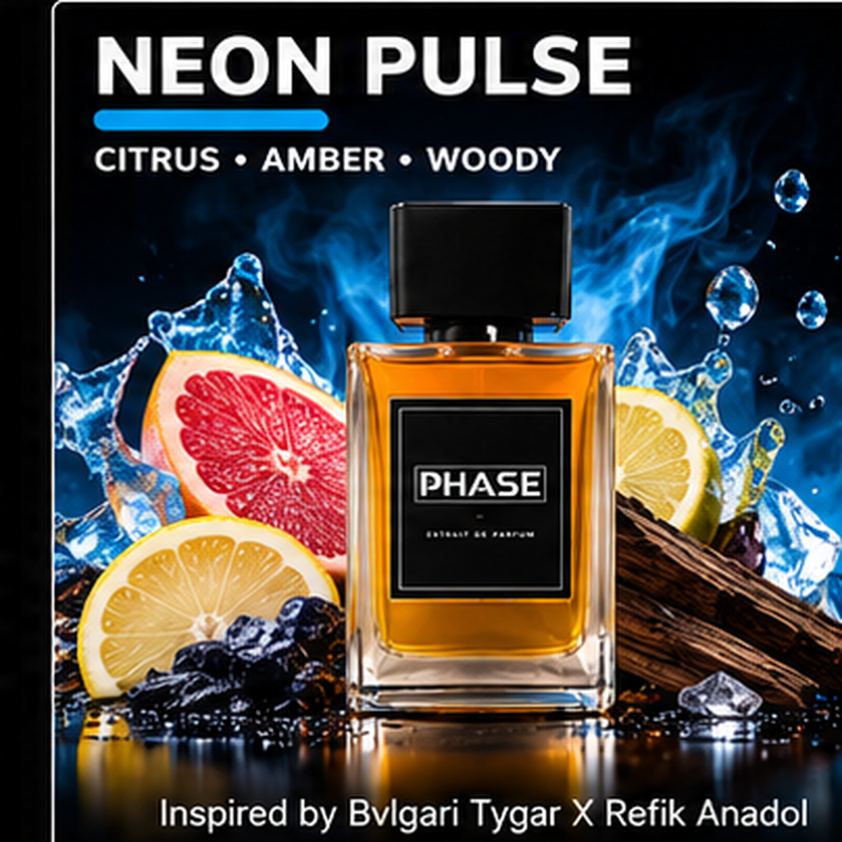 Neon Pulse citrus, amber and woody men's Extrait de Parfum by Phase Fragrances