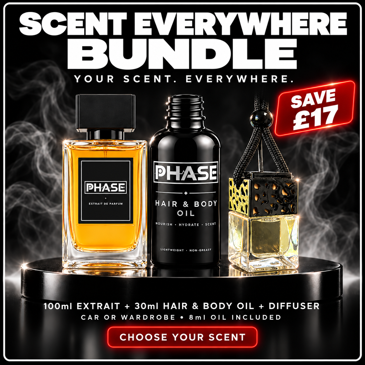 Phase Scent Everywhere 100ml perfume bundle with Hair & Body Oil and diffuser; save £17 against list prices