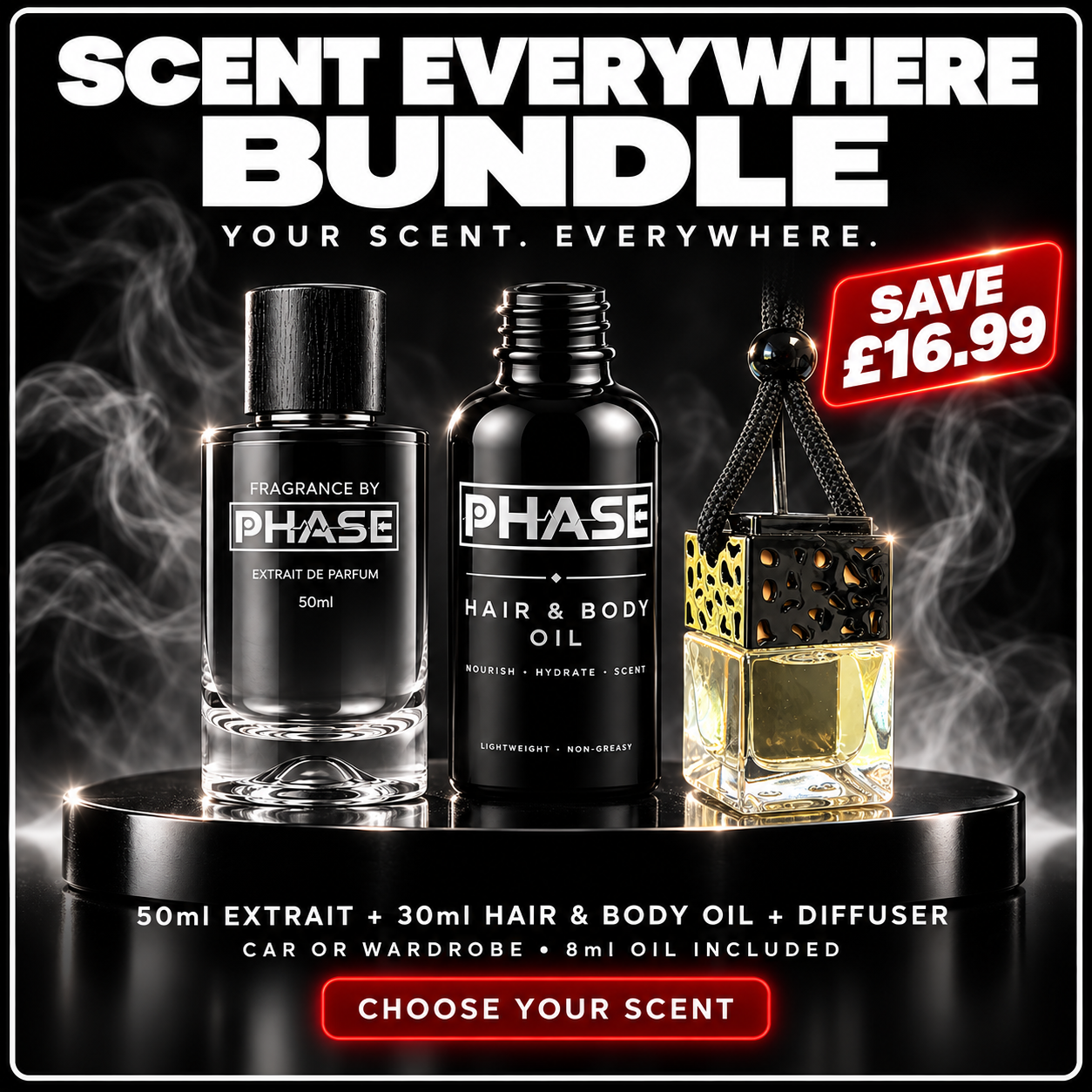 Phase Scent Everywhere 50ml perfume bundle with 30ml Hair & Body Oil and car or wardrobe diffuser; save £16.99 against list prices