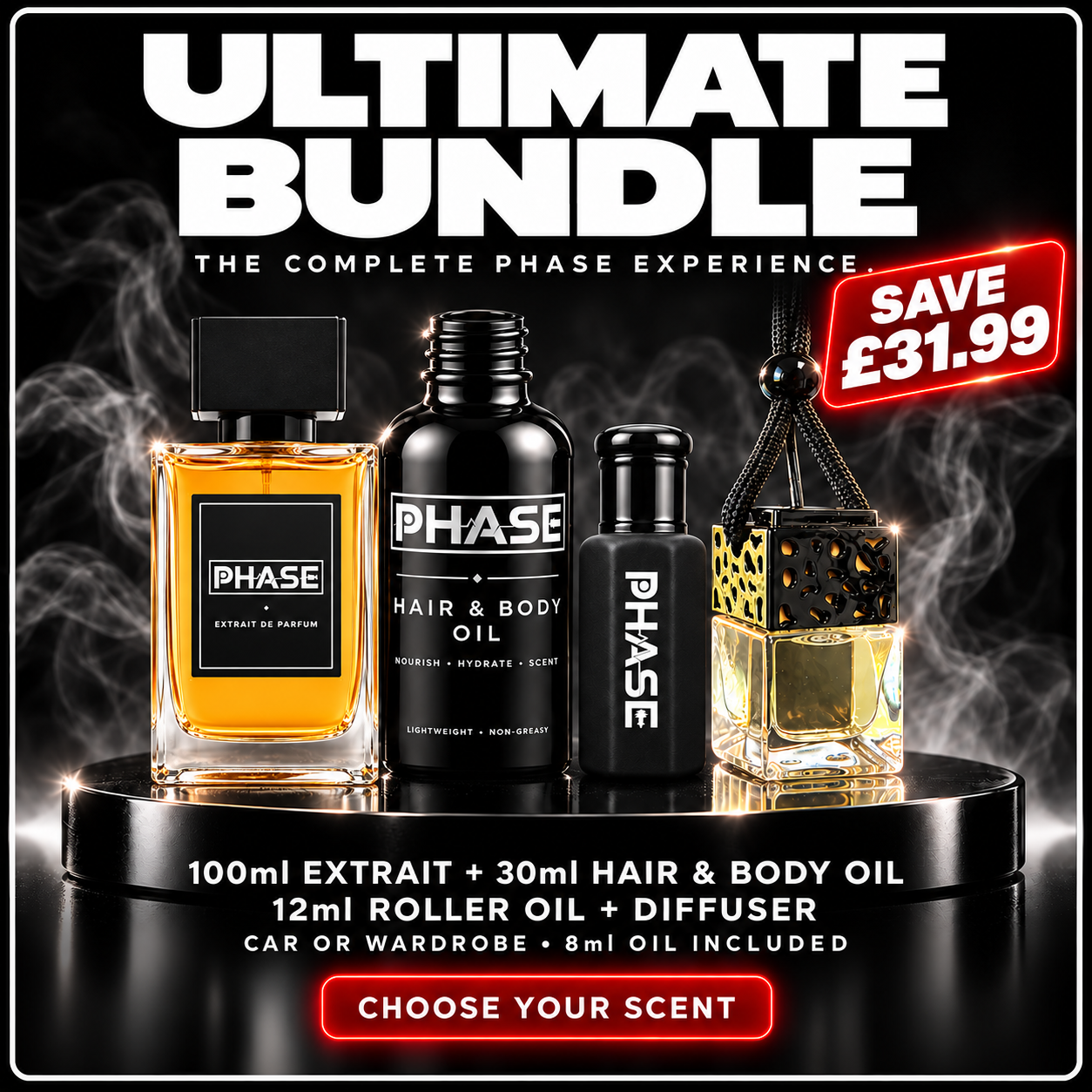 Phase Ultimate 100ml fragrance bundle with Hair & Body Oil, 12ml Roller Oil and car or wardrobe diffuser — save £31.99
