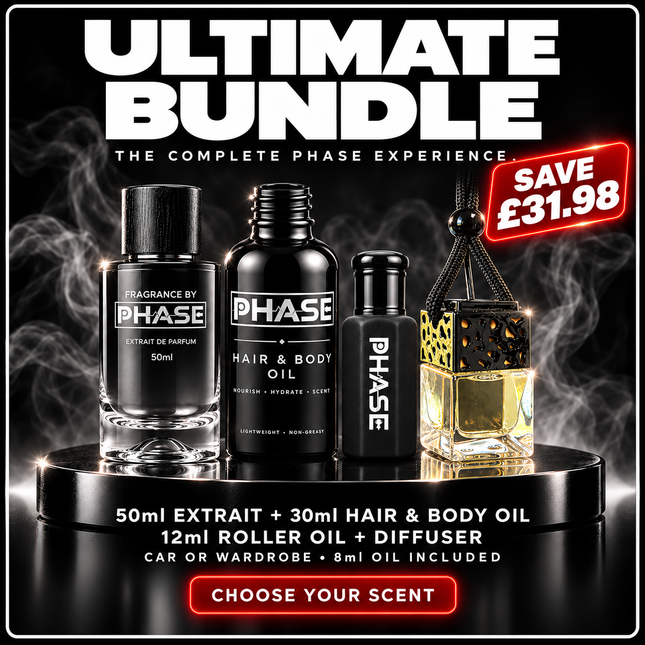 Phase Ultimate 50ml fragrance bundle with Hair & Body Oil, 12ml Roller Oil and car or wardrobe diffuser — save £31.98