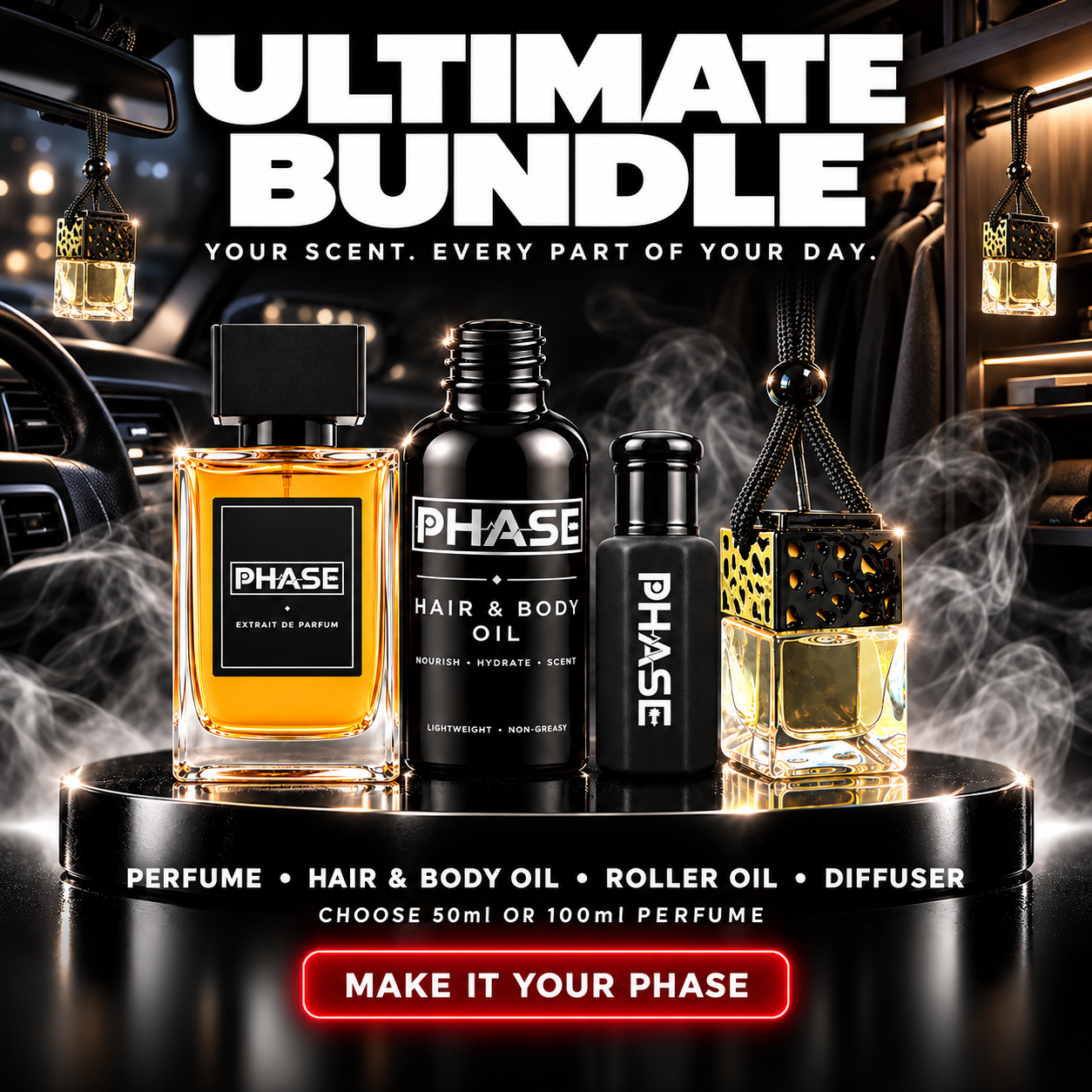 Phase Ultimate Bundle perfume, Hair & Body Oil, Roller Oil and diffuser for car or wardrobe